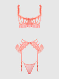 Portia Swiss Dot Cutout Bra, Garter, & Thong Set Siesta