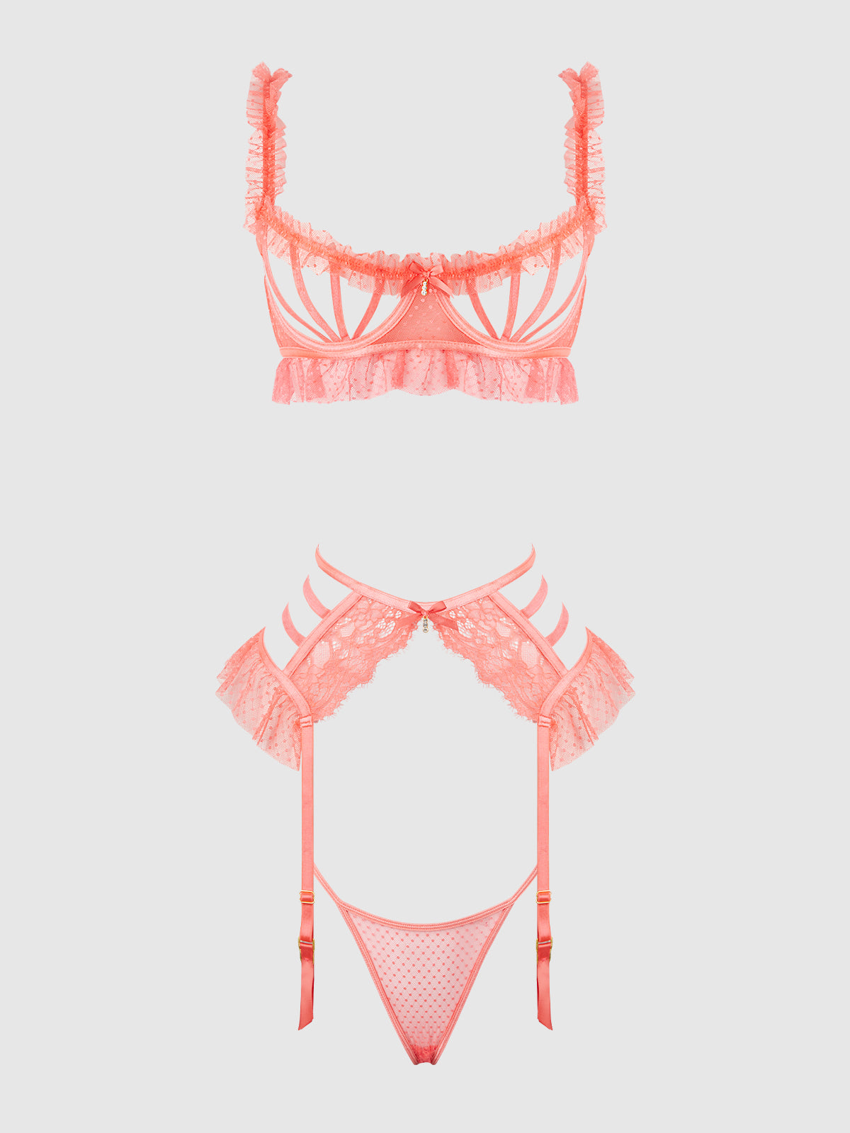 Portia Swiss Dot Cutout Bra, Garter, & Thong Set Siesta