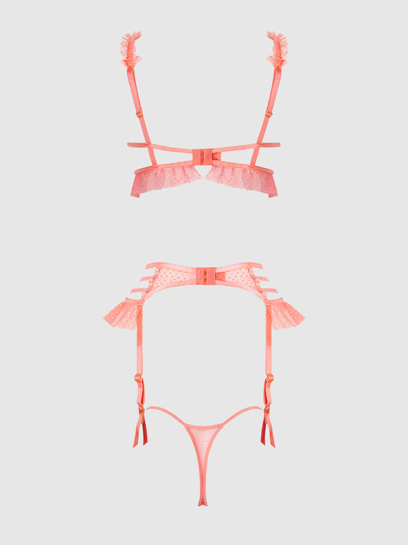 Portia Swiss Dot Cutout Bra, Garter, & Thong Set Siesta