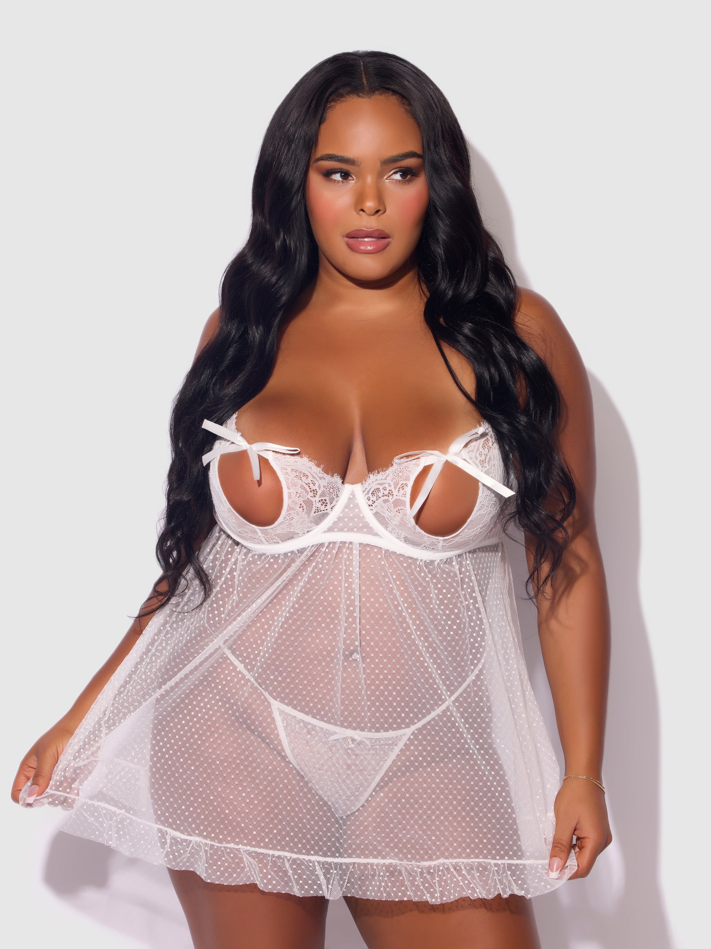 Portia Swiss Dot Peekaboo Cups Babydoll & G-String Set White