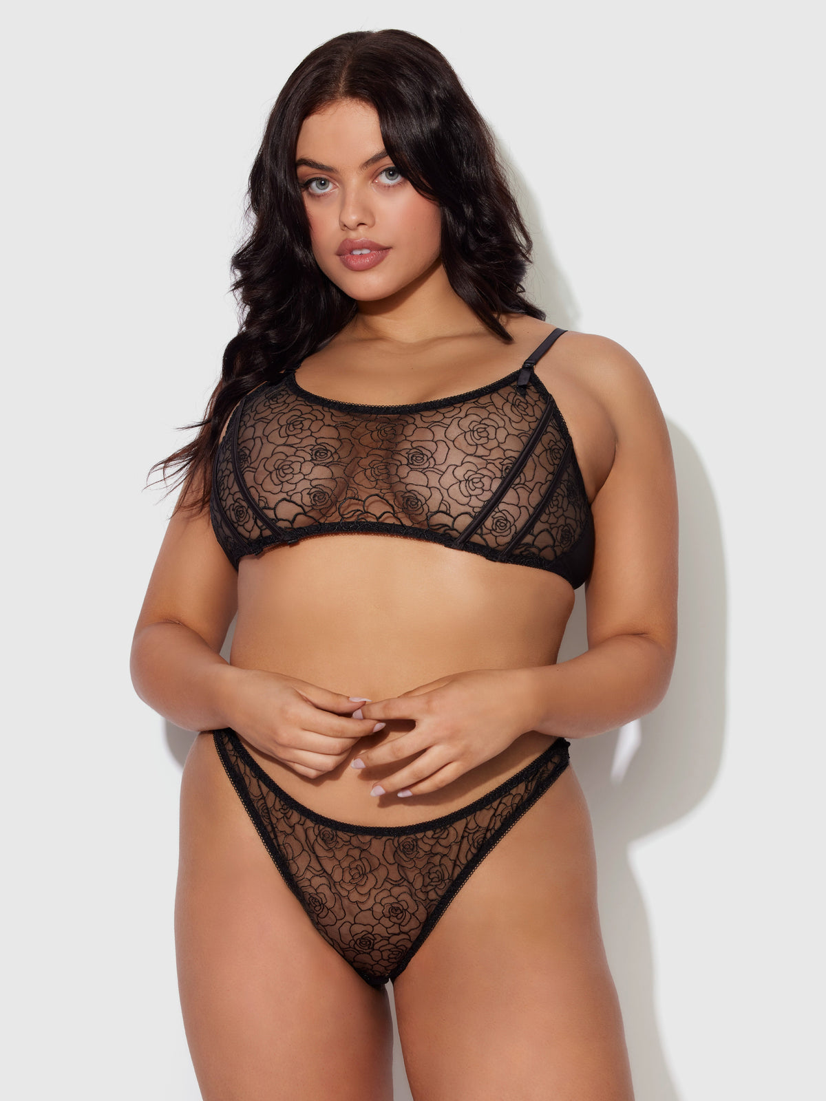 Rosalie Embroidered Garter Lace Bralette Bra Set Black Roses