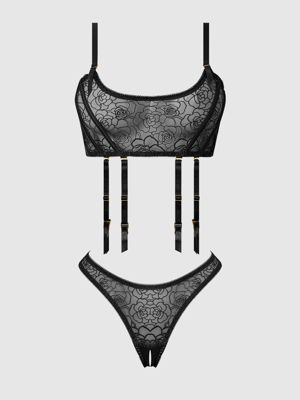 Rosalie Embroidered Garter Lace Bralette Bra Set Black Roses