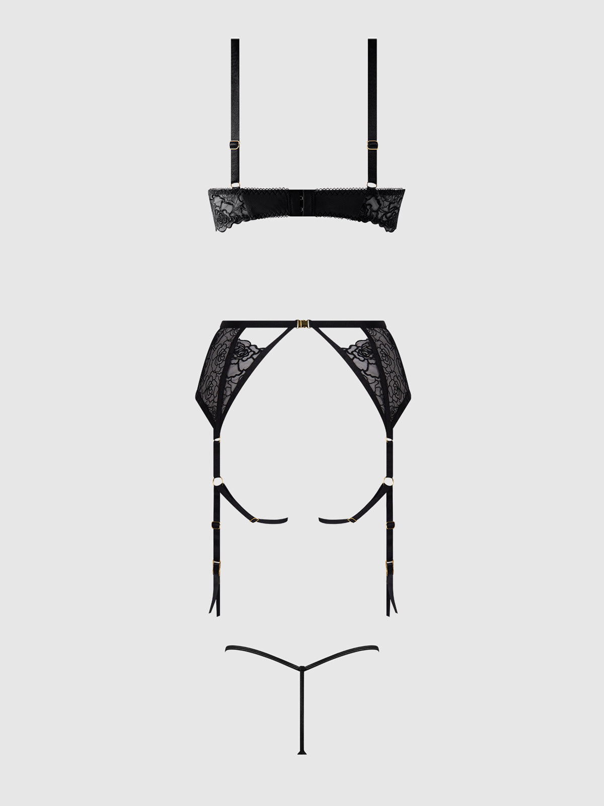 Rosalie Embroidered Lace Open Cup Garter Bra Set Black Roses