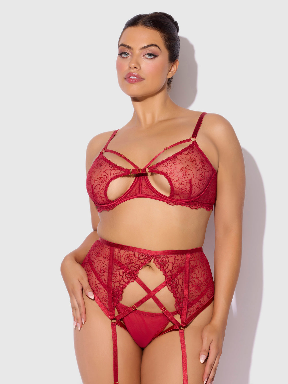 Rosalie Embroidered Lace Open Cup Garter Bra Set Crimson Red Roses