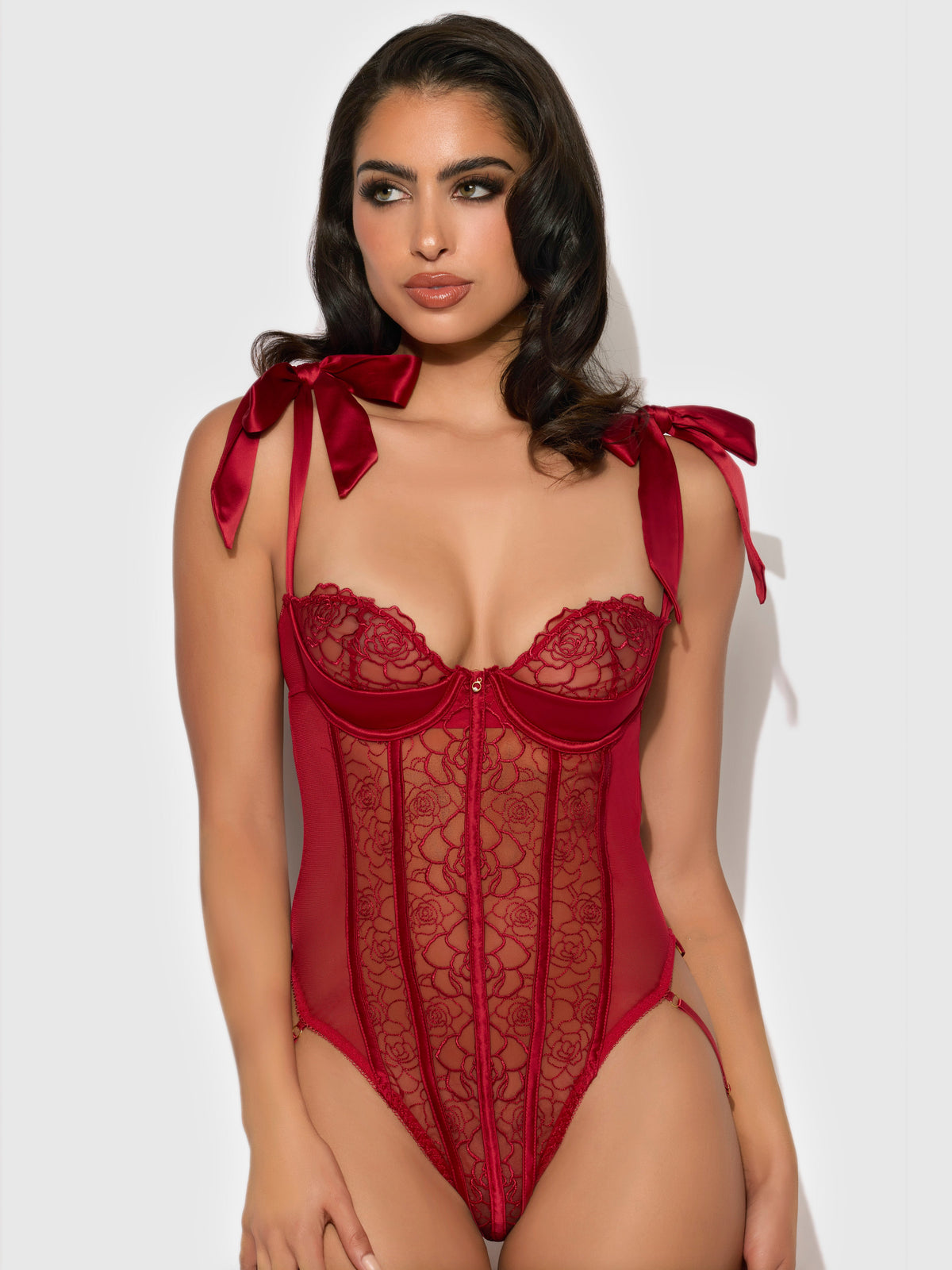 Rosalie Embroidered Lace Teddy Crimson Red Roses