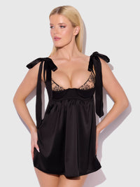 Brigeta Satin Open Cup Babydoll Set Black