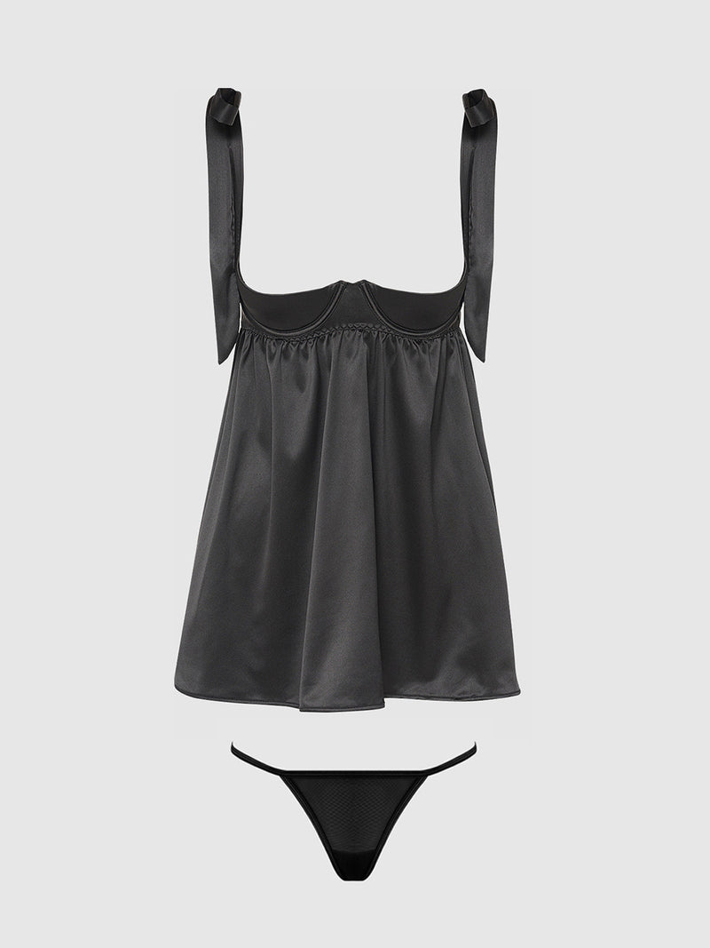 Brigeta Satin Open Cup Babydoll Set Black