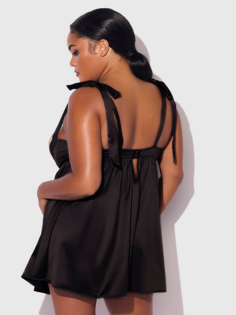 Brigeta Satin Open Cup Babydoll Set Black