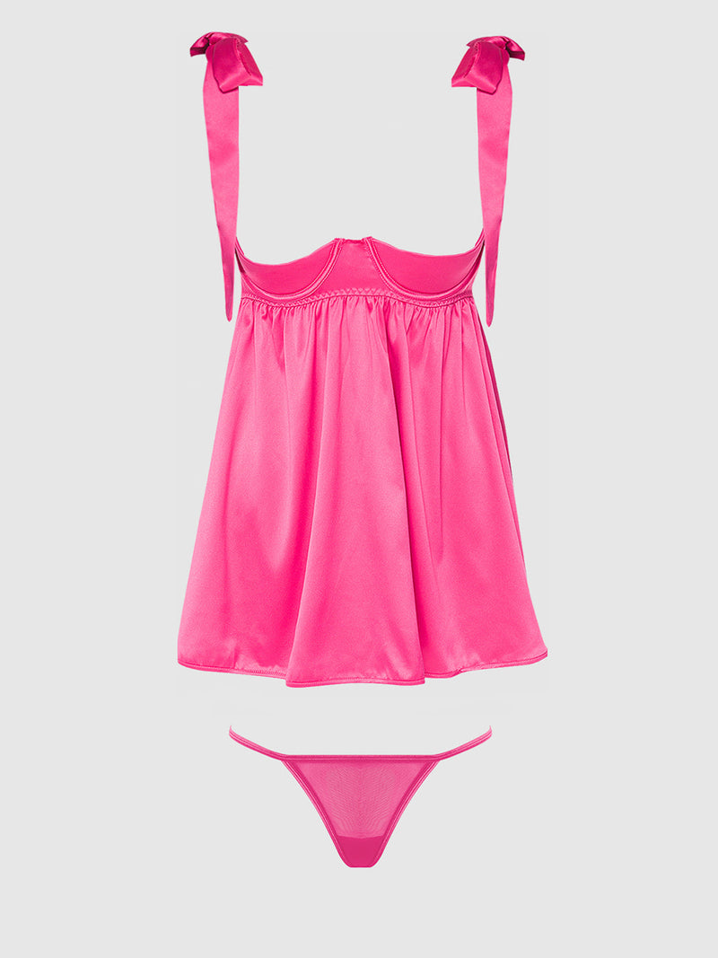 Brigeta Satin Open Cup Babydoll Set Pink Dragon