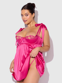 Brigeta Satin Open Cup Babydoll Set Pink Dragon