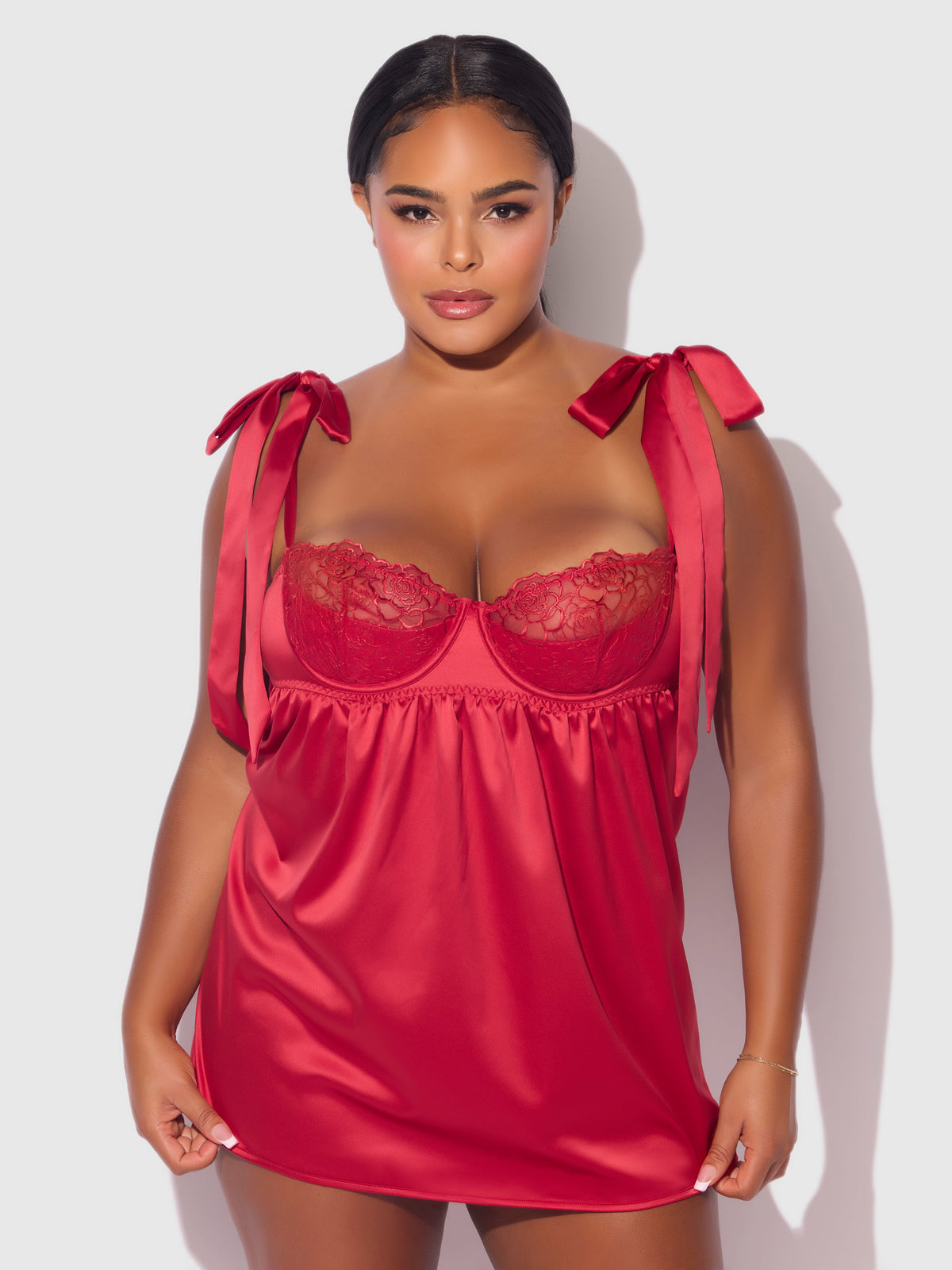 Rosalie Satin & Embroidered Lace Babydoll Set Crimson Red