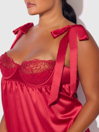 Rosalie Satin & Embroidered Lace Babydoll Set Crimson Red