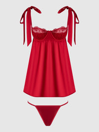 Rosalie Satin & Embroidered Lace Babydoll Set Crimson Red