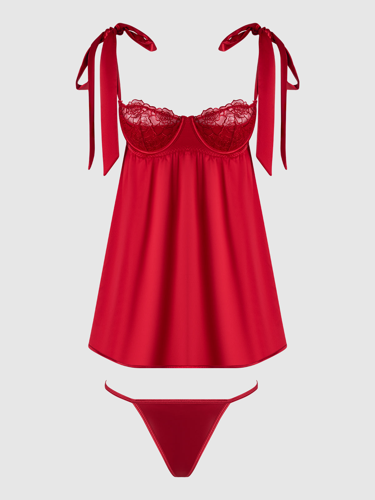 Rosalie Satin & Embroidered Lace Babydoll Set Crimson Red