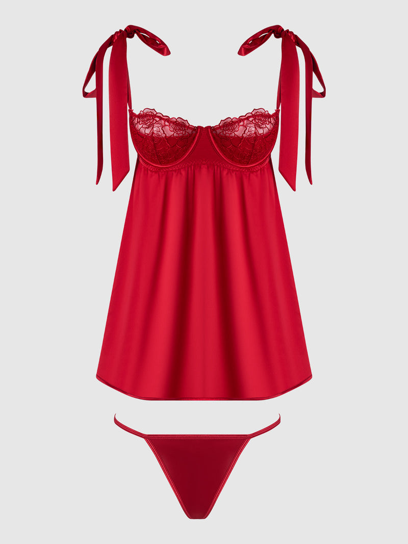 Rosalie Satin & Embroidered Lace Babydoll Set Crimson Red