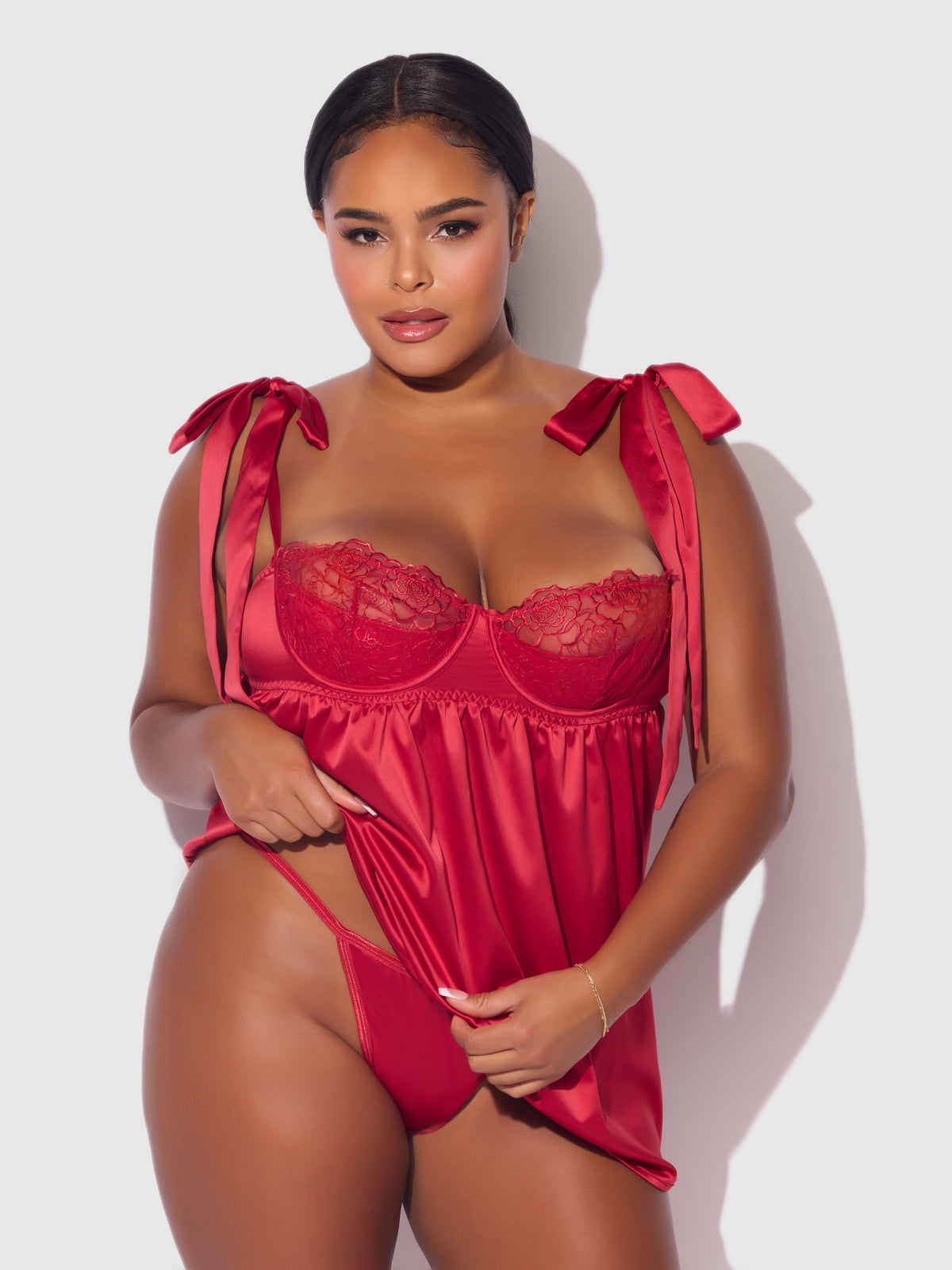 Rosalie Satin & Embroidered Lace Babydoll Set Crimson Red