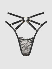 Rosalie Embroidered Lace Strappy Backless Tanga Panty Black Rose