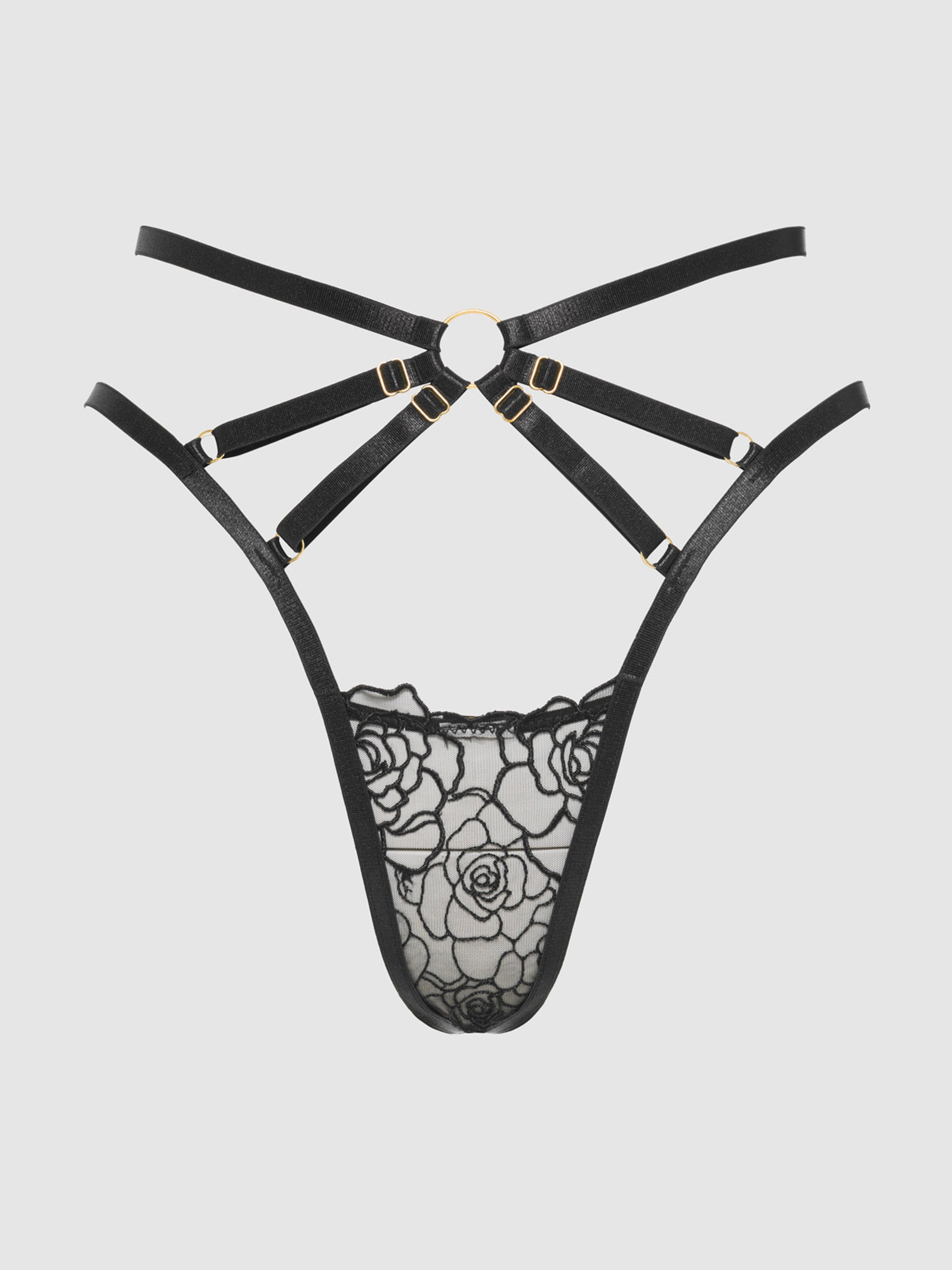 Rosalie Embroidered Lace Strappy Backless Tanga Panty Black Rose