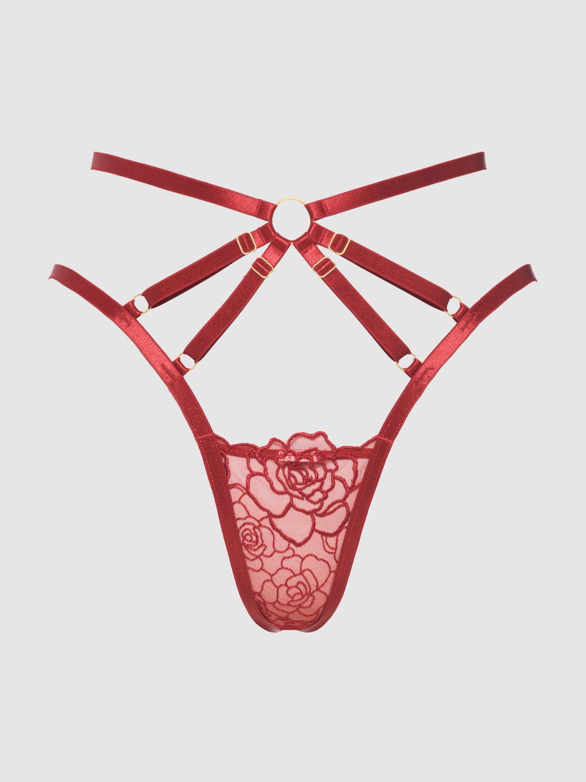 Rosalie Embroidered Lace Strappy Backless Tanga Panty Crimson Red Rose
