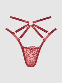 Rosalie Embroidered Lace Strappy Backless Tanga Panty Crimson Red Rose