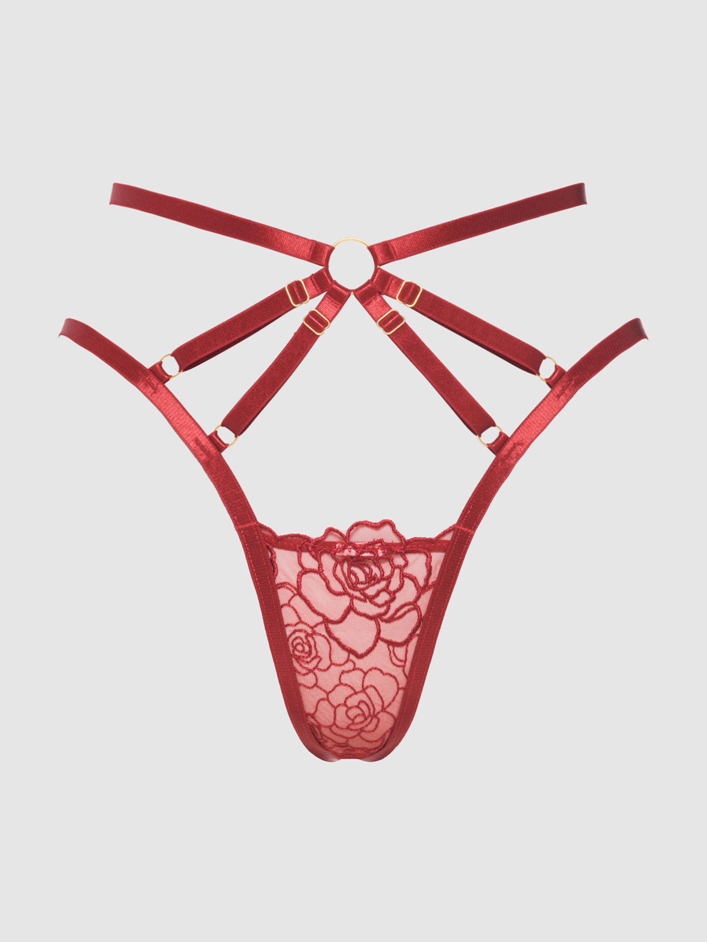Rosalie Embroidered Lace Strappy Backless Tanga Panty Crimson Red Rose