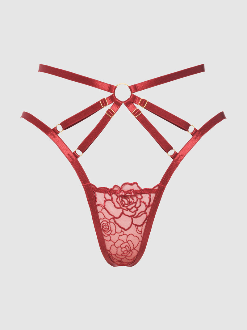 Rosalie Embroidered Lace Strappy Backless Tanga Panty Crimson Red Rose