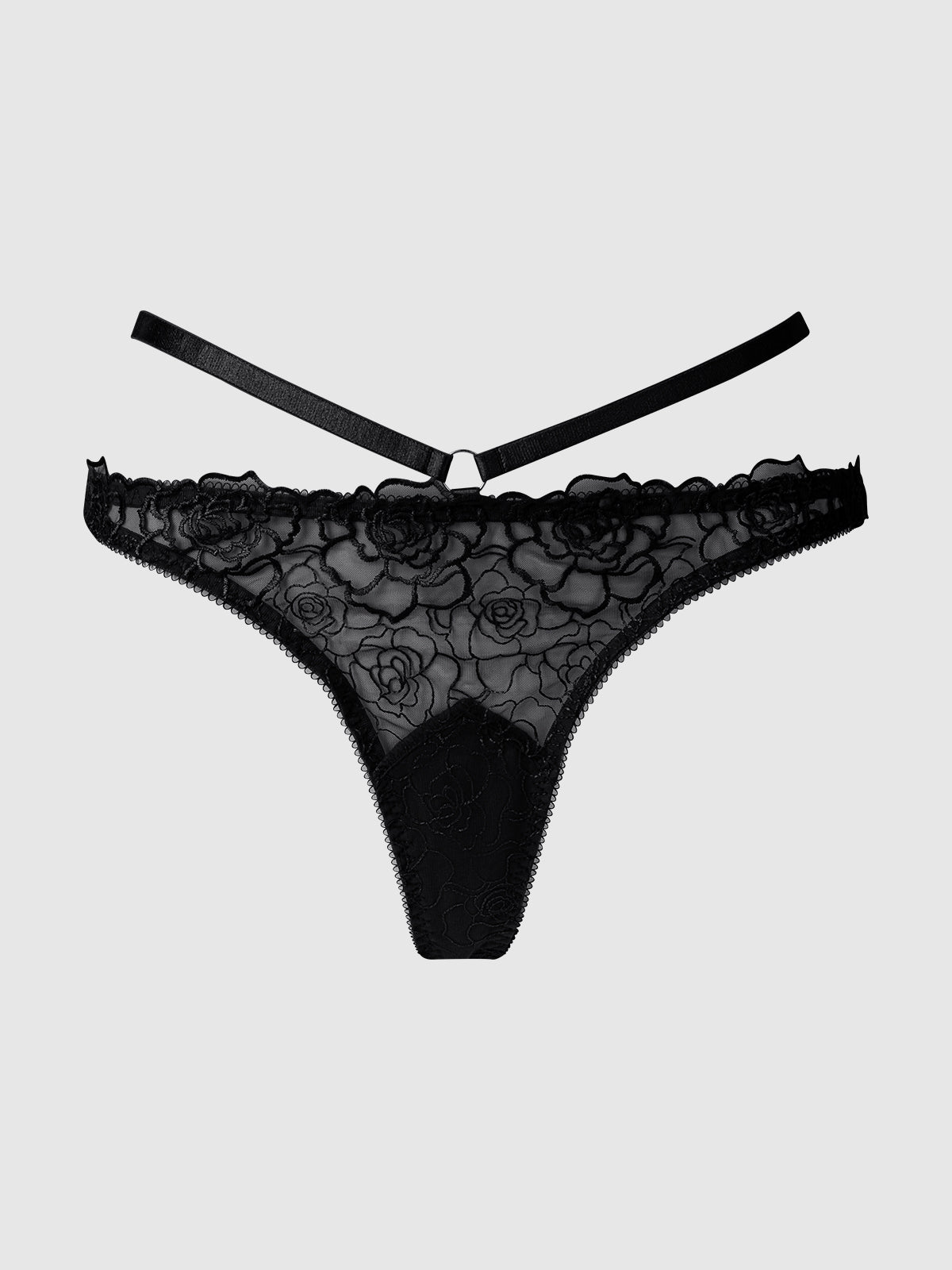 Rosalie Satin & Embroidered Lace Strappy Tanga Panty Black Rose