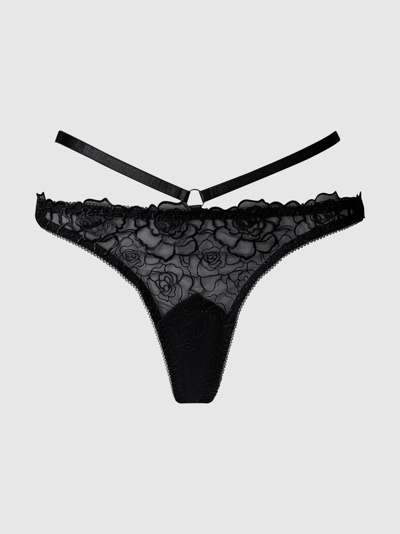 Rosalie Satin & Embroidered Lace Strappy Tanga Panty Black Rose