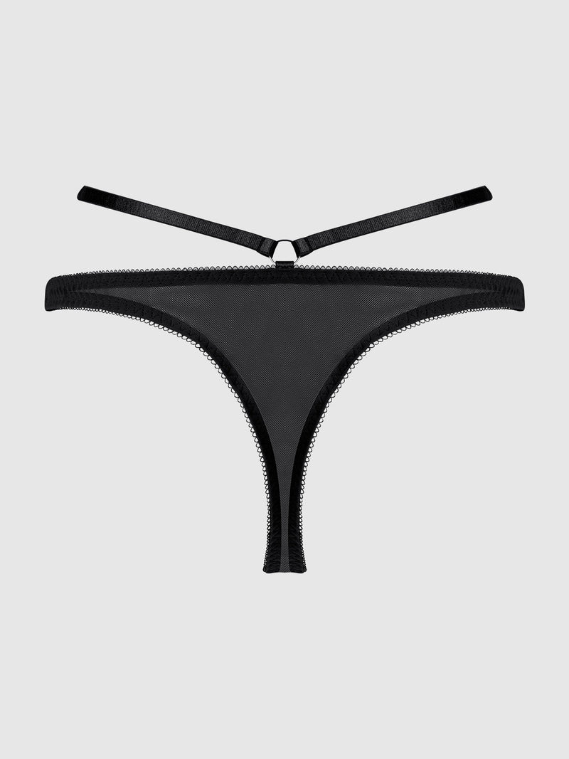 Rosalie Satin & Embroidered Lace Strappy Tanga Panty Black Rose