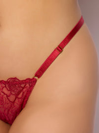 Rosalie Embroidered Lace & Mesh Crotchless Thong Crimson Red Roses