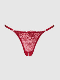 Rosalie Embroidered Lace & Mesh Crotchless Thong Crimson Red Roses