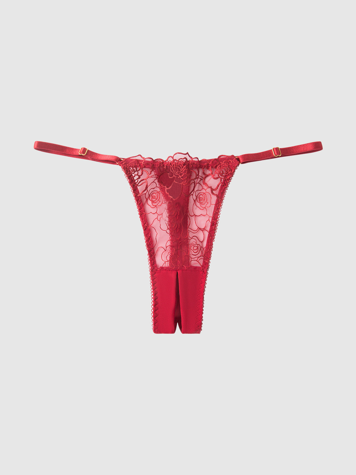 Rosalie Embroidered Lace & Mesh Crotchless Thong Crimson Red Roses