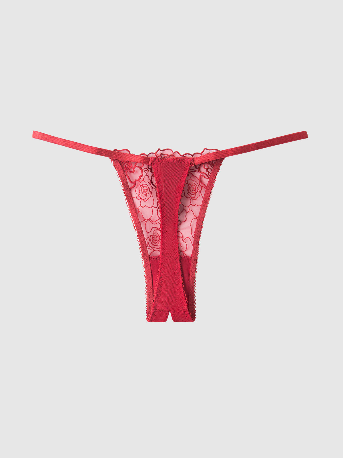Rosalie Embroidered Lace & Mesh Crotchless Thong Crimson Red Roses