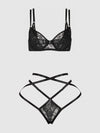 Flora Lace Bra and Strappy Thong Set Black