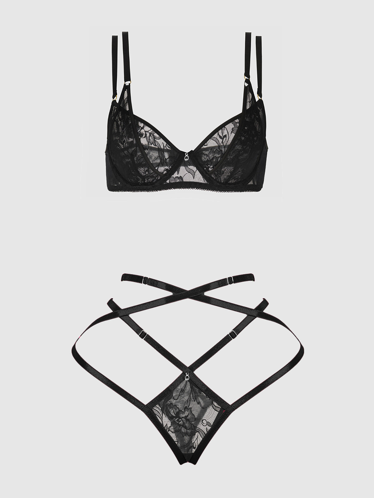 Flora Lace Bra and Strappy Thong Set Black