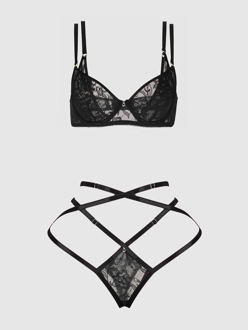 Flora Lace Bra and Strappy Thong Set Black