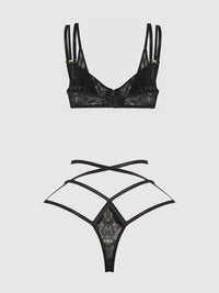 Flora Lace Bra and Strappy Thong Set Black