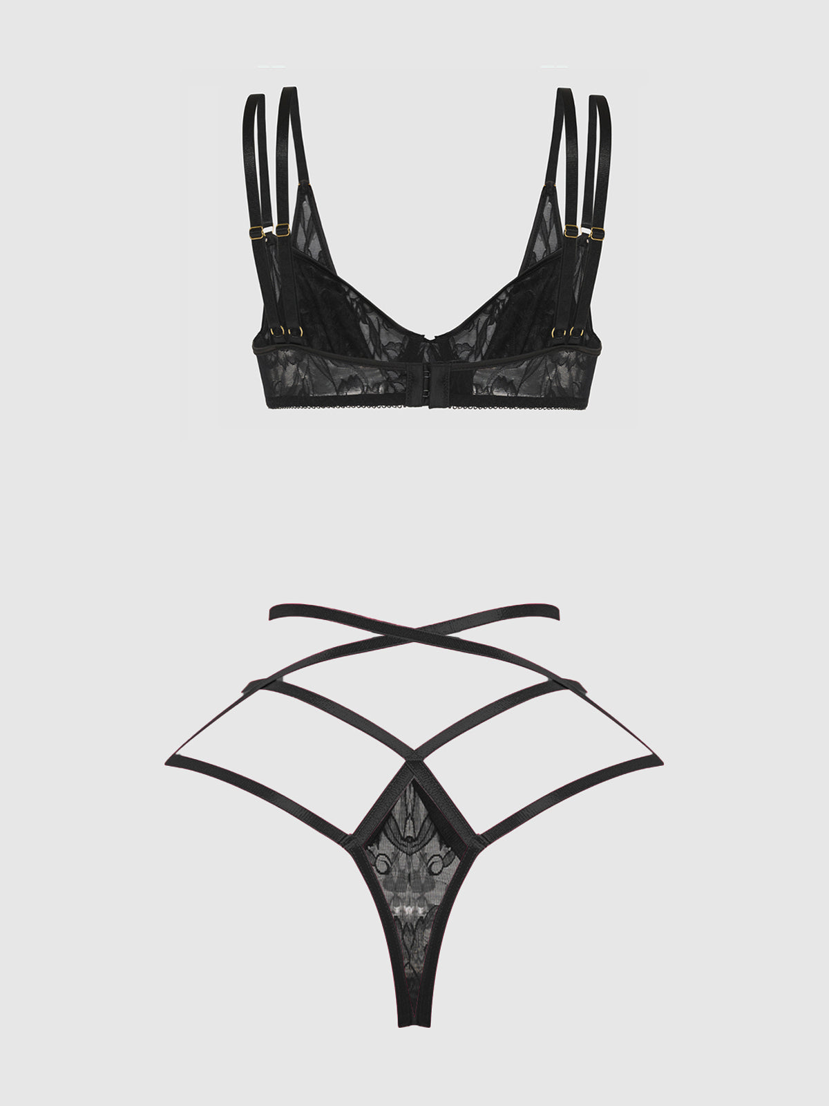 Flora Lace Bra and Strappy Thong Set Black