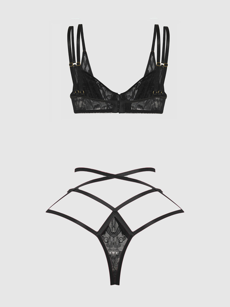 Flora Lace Bra and Strappy Thong Set Black