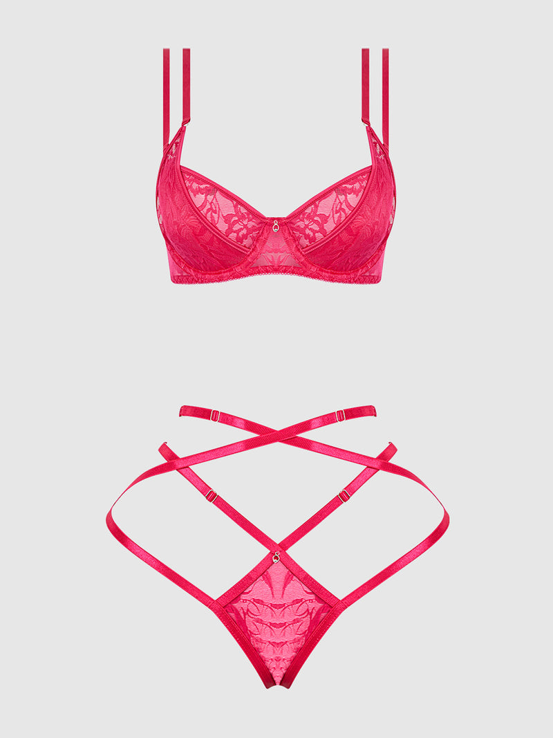 Flora Lace Bra and Strappy Thong Set Pink Dragon