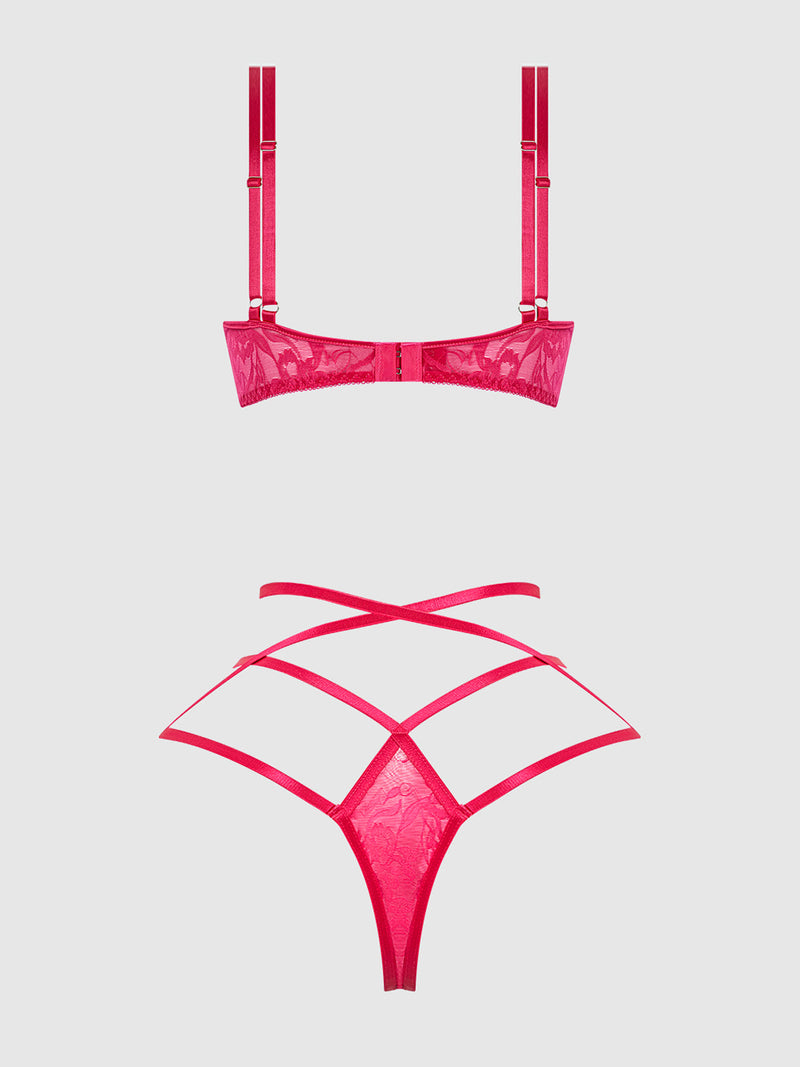 Flora Lace Bra and Strappy Thong Set Pink Dragon