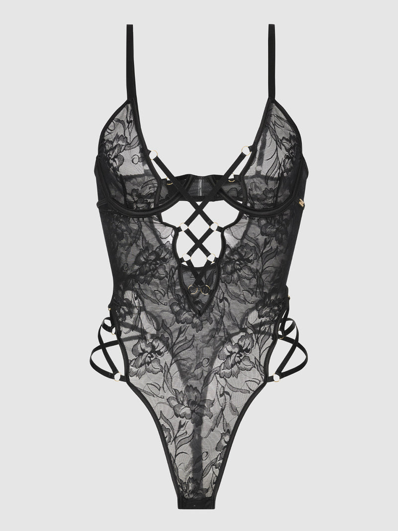 Flora Strappy Lace Teddy Black