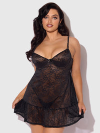 Flora Lace Babydoll & G-String Set Black