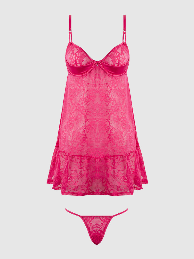 Flora Lace Babydoll & G-String Set Pink Dragon