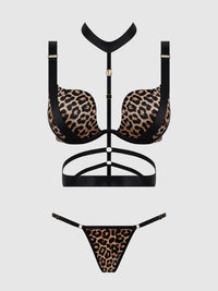House of Desire Devon Strappy Push Up Bra, Harness & G-String Set Leopard