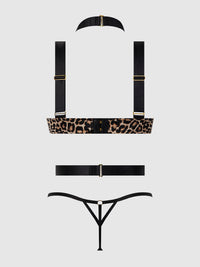 House of Desire Devon Strappy Push Up Bra, Harness & G-String Set Leopard