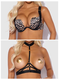 House of Desire Devon Strappy Push Up Bra, Harness & G-String Set Leopard