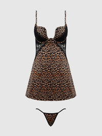 House of Desire Devon Silky Satin Swirl Plunge Push Up Babydoll Set Leopard