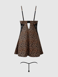House of Desire Devon Silky Satin Swirl Plunge Push Up Babydoll Set Leopard