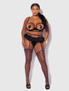Brigeta Satin Open Cup Bra & Gartered Riuffle Panty Set Black